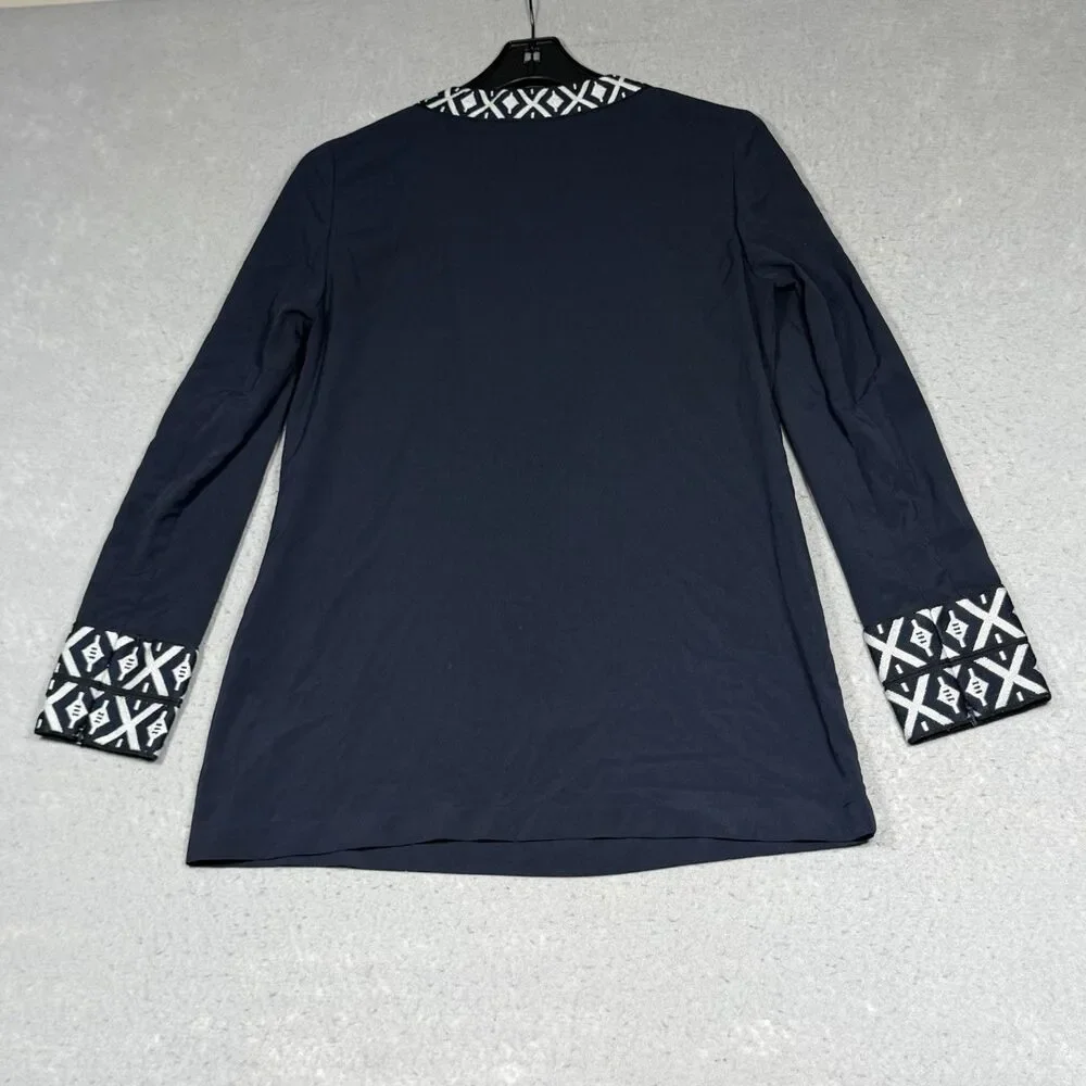 Tory Burch Tunic Top Women’s 6 Navy Blue Ariana Embroidered Knit Trim V Neck - Picture 8 of 13